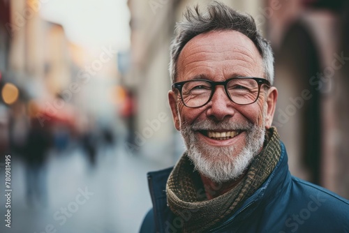 Portrait of happy senior man in eyeglasses on a city street