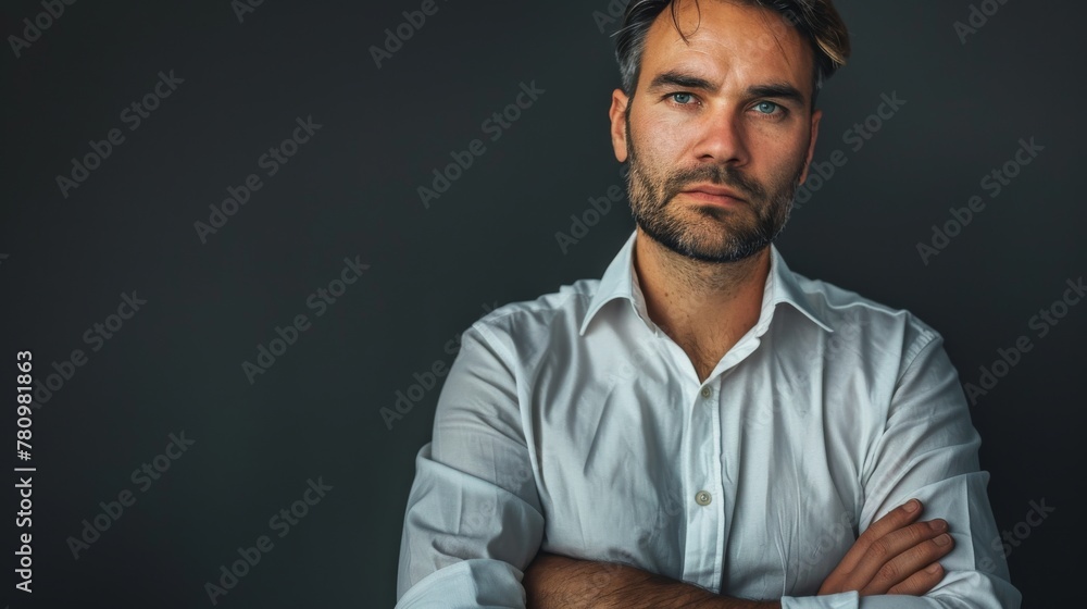 Obraz premium A portrait Businessman modern confident creative person. Professional. Dark Background for copy space.