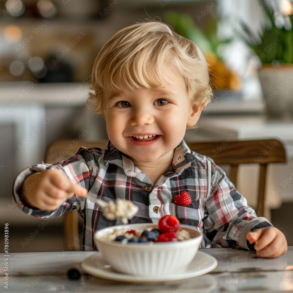 An adorable two-year-old boy smile learning to eat oatmeal and fruit On the children's dining table An adorable two-year-old boy smile learning to eat oatmeal and fruit On the children's dining table