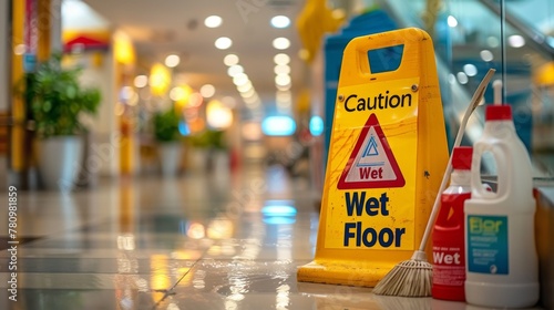 A photo of the text "Caution Wet Floor" written on a yellow standing cleaning at shipping mall. © Pravinrus