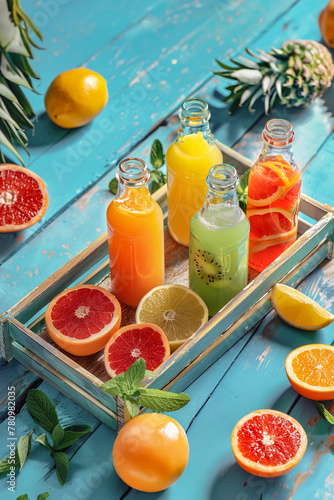 High angle view of a tray of fresh fruit juice in glass bottles and jugs on a blue wooden table with a summer background
