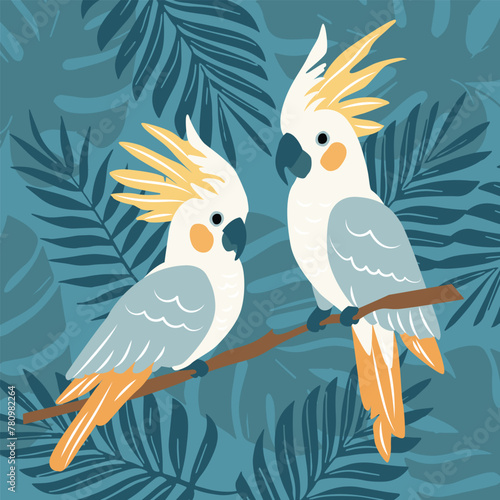 Australian Sulphur Crested cockatoos sitting on tropical leaves branch dark background