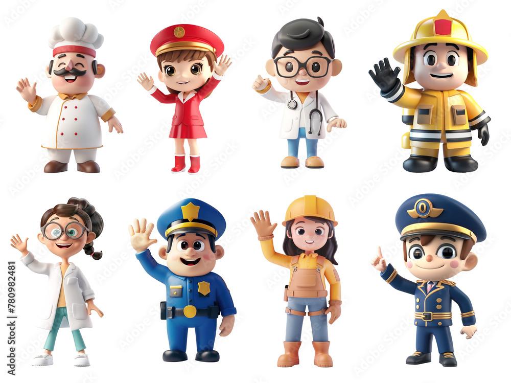 3D cartoon characters of different professions over isolated transparent background 3D cartoon characters of different professions over isolated transparent background