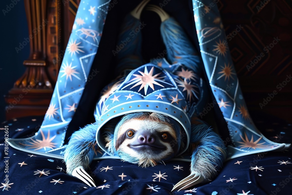 Fototapeta premium A grumpy sloth hanging upside down in its spacesuit hammock