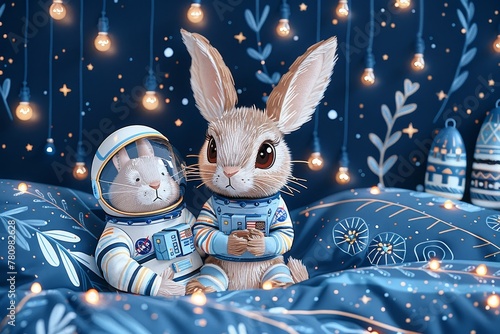 A nervous rabbit clutching a spacesuit plushie