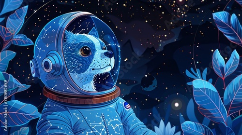 A stoic dog in a spacesuit helmet, visor reflecting the stars