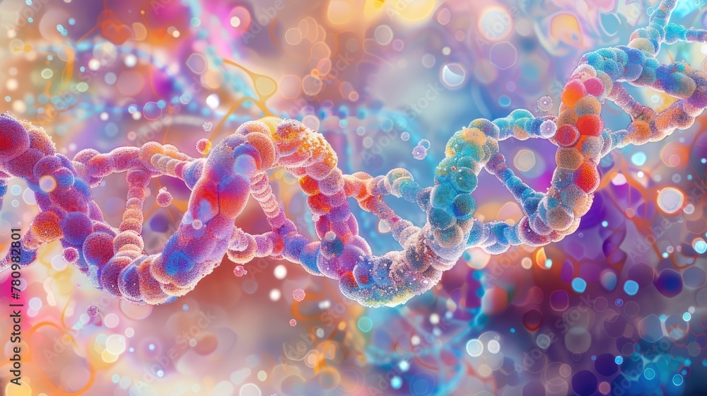 Images of DNA molecules and genetic sequences, visualized through colorful diagrams and illustrations, highlighting the principles of heredity, gene expression, and genetic variation