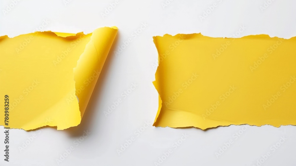 Yellow papers torn on white surface
