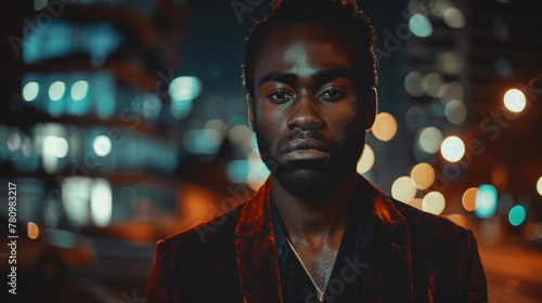 As the city lights fade into the background a black man exudes a sense of strength and vulnerability. His velvet jacket and piercing eyes speak to the dualities of being a black individual .