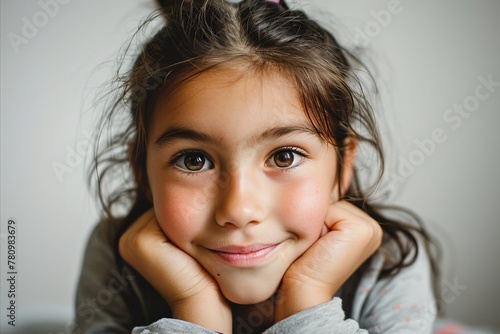 Portrait of a cute little girl with long hair and freckles