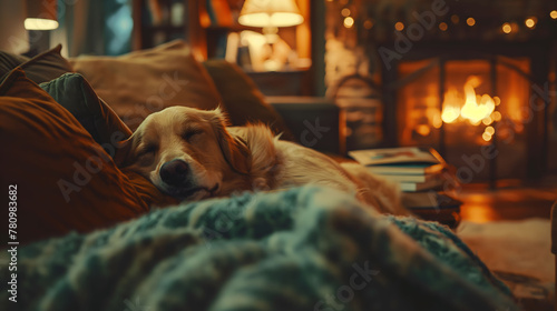 A golden retriever dozing off on a couch with a warm fireplace in the background, evoking a feeling of warmth and comfort photo