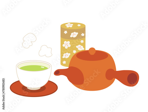 常滑焼の急須と茶筒と茶托とお茶の注がれた湯呑のイラストのセット