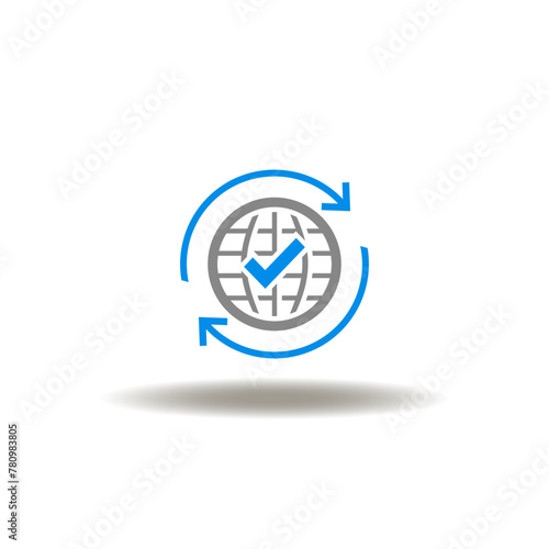 Vector illustration of earth globe with check mark and round arrows. Icon of reduce CO2 emission. Symbol of environment safety. Sign of ecology, ESG.