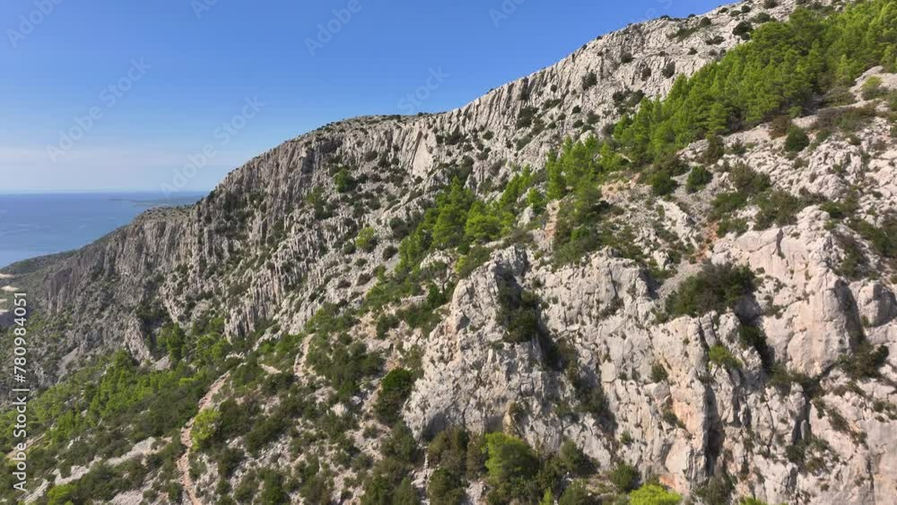 AERIAL: Spectacular limestone cliffs of Hvar island overlook the Adriatic sea. Breathtaking view of rugged islands in the Mediterranean on a sunny summer day. Panoramic view of the Croatian seaside AERIAL: Spectacular limestone cliffs of Hvar island overlook the Adriatic sea. Breathtaking view of rugged islands in the Mediterranean on a sunny summer day. Panoramic view of the Croatian seaside