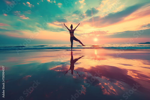 A silhouette of a woman dancing on a beach during a stunning sunset, capturing movement and freedom
