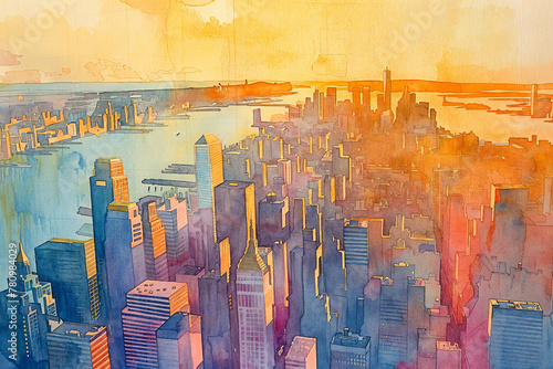 Watercolour city painting, golden sunset golden hour scene, New York City. Expressive and loose watercolor painting, in a abstract and atmospheric style. #780984029