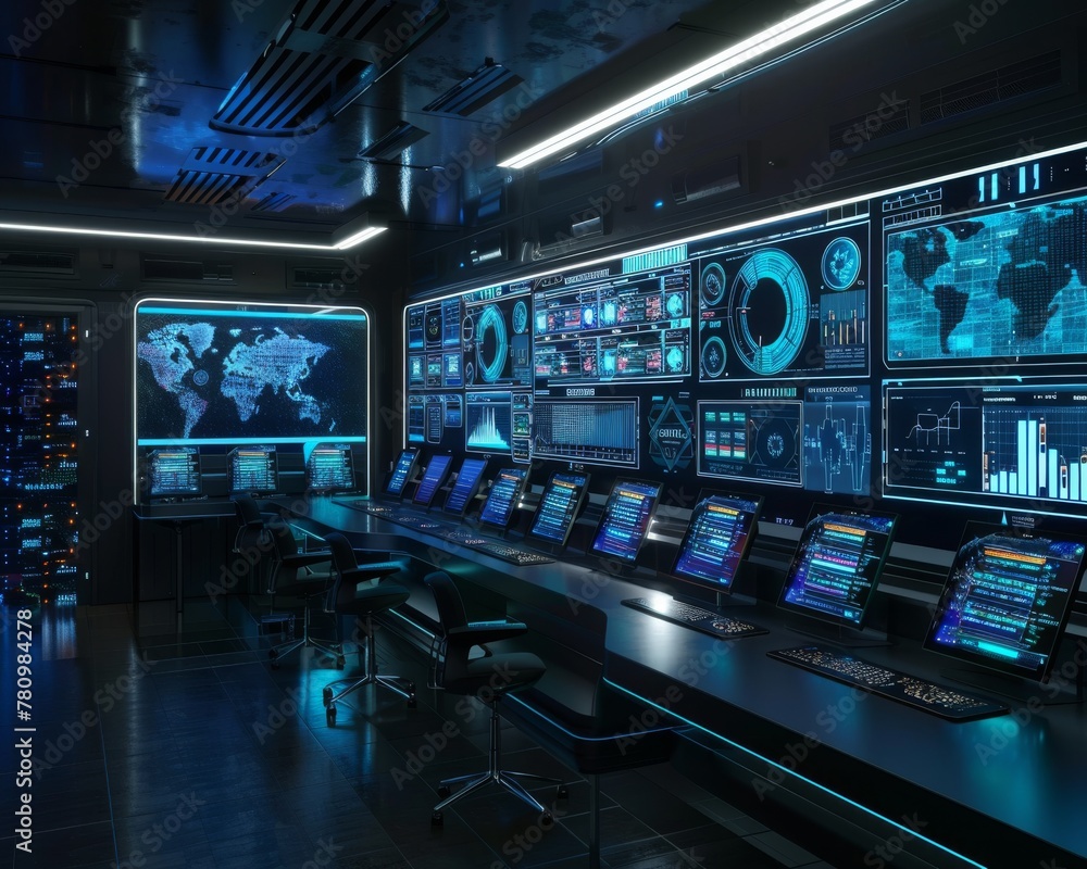 Experience the future in this high-tech control room, where advanced equipment and expansive screens showcase intricate global data analytics.