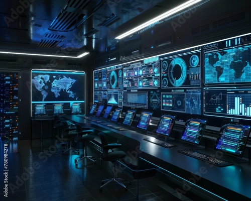 Experience the future in this high-tech control room, where advanced equipment and expansive screens showcase intricate global data analytics.