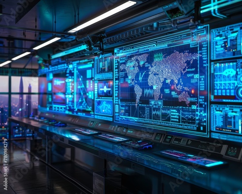 Inside a high-tech control room with sophisticated equipment  large screens display complex global data and analytics in a futuristic setting.