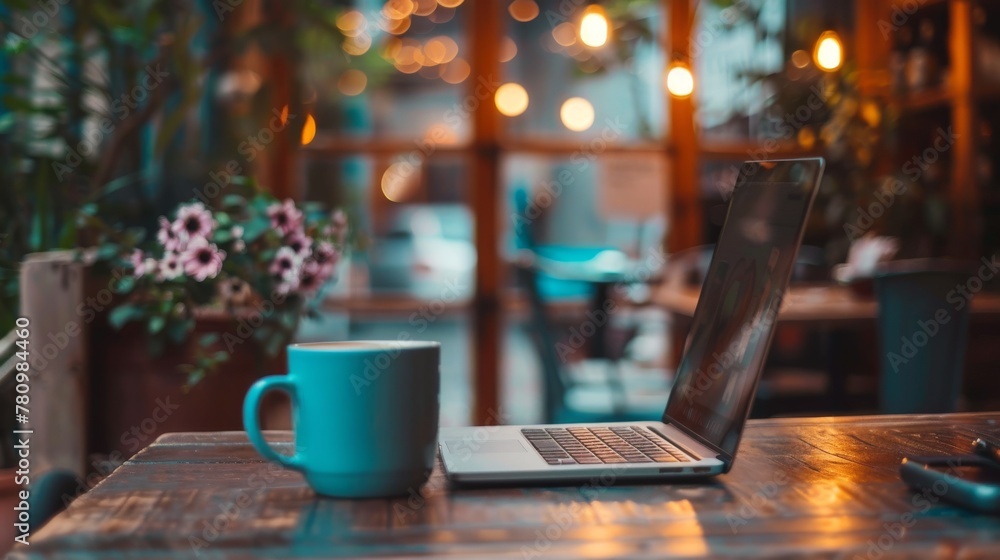 Capture the essence of the freelancing lifestyle: laptop, coffee, and the pursuit of dreams in a cozy cafe setting.