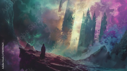 Gothic-style Abstract Art with Futuristic Sci-Fi Town and Colorful Sky photo