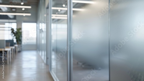 Along the walls of the office frosted glass partitions create designated spaces for brainstorming and impromptu meetings. The frosted finish provides a level of privacy while still . photo
