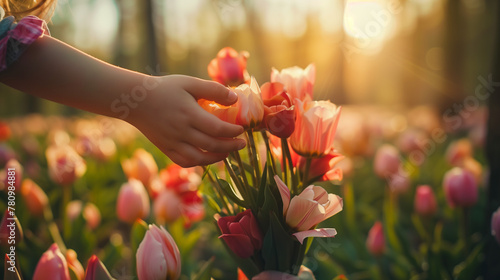 Happy Mother's Day! Daughter Surprises Mom with a Bouquet of Tulips photo