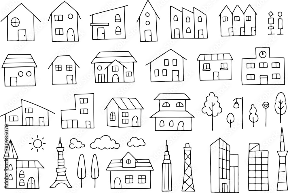 Set of hand-drawn illustrations such as house and building