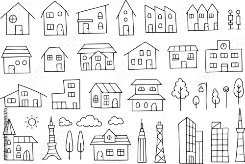 Set of hand-drawn illustrations such as house and building