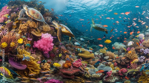 A colorful coral reef full of turtles, jellyfish resting on a coral reef, A mesmerizing background image capturing the vibrant colors of the ocean currents and a variety of fish species © Bi