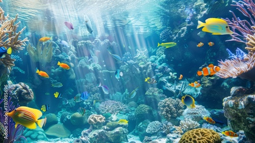 an image of a tropical reef with fish swimming, aqua blue water, vivid color