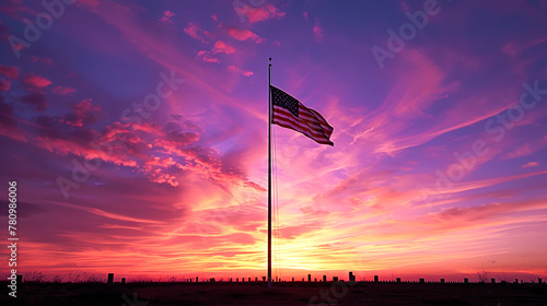 American Pride, US Flag at Sunset Patriotic Symbolism, Flag Silhouetted Against Sunset. photo