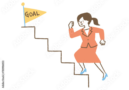Woman climbing stairs toward goal_Color