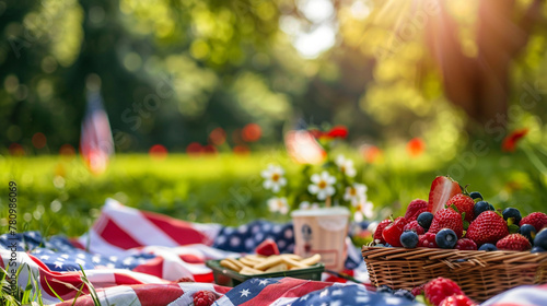 Holiday Picnic, Celebrating in the Park. Relaxing National Holiday, Picnic Spread in the Park, Celebrating a US Holiday.Descriptions.
