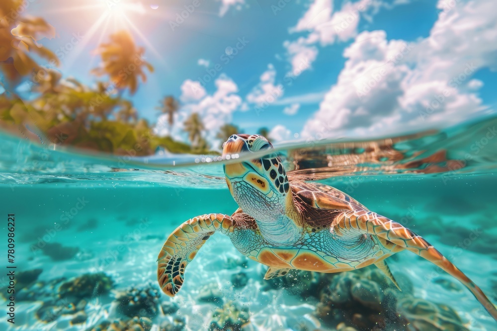 A vivid image of a sea turtle swimming near the surface of the vibrant blue ocean, with sunlight piercing through the water