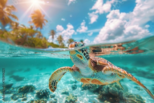 A vivid image of a sea turtle swimming near the surface of the vibrant blue ocean, with sunlight piercing through the water