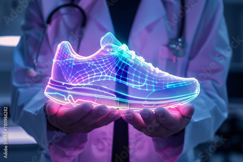 A glowing, holographic sports shoes is cradled in the hands of a person in a white lab coat, suggesting a medical professional or a high-tech healthcare concept. photo