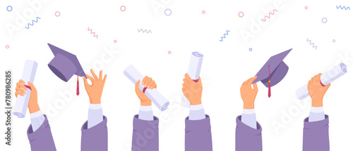 Student hands with diplomas and graduation hats, celebration, achievement of a scientific degree. Vector design concept for landing page, website, banner, print. Flat vector illustration set. 