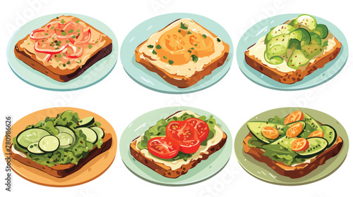 Breakfast toasts with vegetables on plate 2d flat c