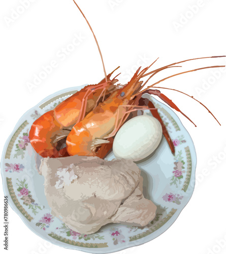 A combination of three necessary foods for worship on the 10th day of the Lunar New Year (boiled shrimp, eggs, pork). They stand in for Earth, Water, and Sky. A practice of honoring the God of money