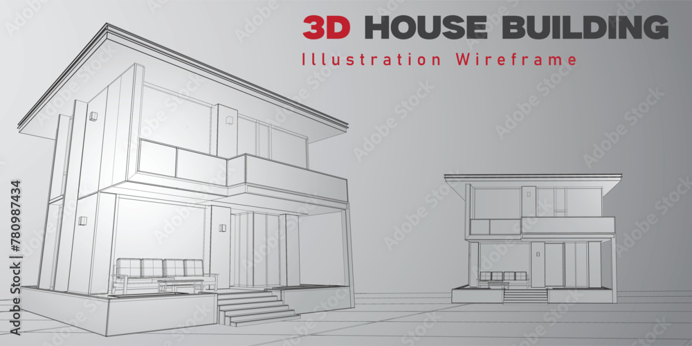 3d wireframe illustration of A House building with architectural sketch and modern perspective line