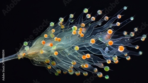 Closeup of a single fungal hypha its translucent body appearing almost ethereal against a black background. Bright orange and green