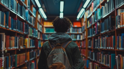 Person walking through a library with backpack photo