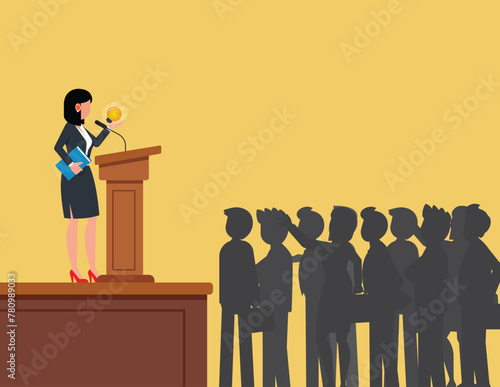 Business speech, Investment project presentation. Businesswoman give business speech on podium.
