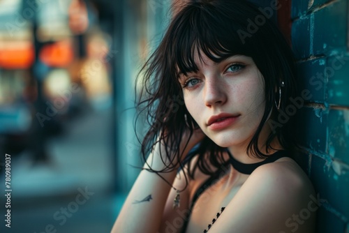 Portrait of a beautiful girl in a black dress on the street