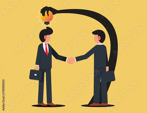 Stealing creative idea. Male businessman steals intellectual property from a competitor