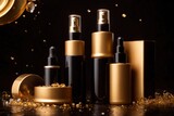 Product packaging mockup photo of Serum or cosmetics with a simple, elegant design, black and gold tones, with cyclones, hurricanes, and hail , studio advertising photoshoot