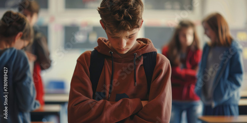 a depressive boy bowed her head down and stands in the middle of a classroom at school. Bullying at school. photo