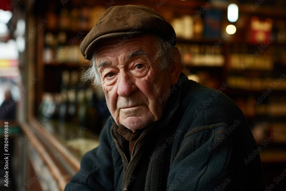 Portrait of an old man with a cap sitting in a pub Portrait of an old man with a cap sitting in a pub