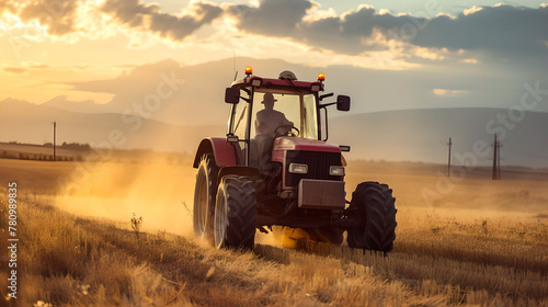 A farmer driving a tractor in a field   sunlight   clouds and blue sky   plants and grass and trees  Agricultural lands   Dust and dirt